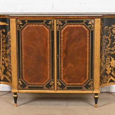 Drexel Heritage French Regency Louis XVI Chinoiserie Mahogany Hand Painted Black Lacquered and Gold Gilt Sideboard or Bar Cabinet