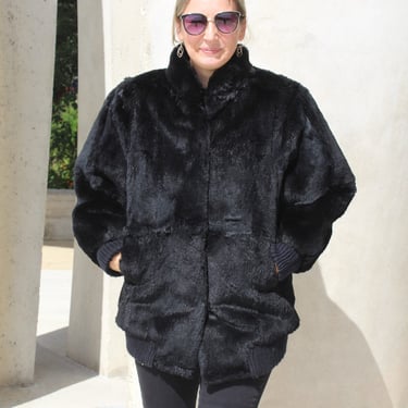 Warm Winter Jacket, Vintage 1980s Black Fur Jacket, Rabbit Fur Bomber, L/XL Women 