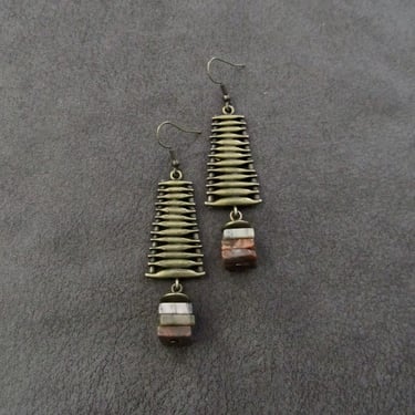 Mid century modern earrings, jasper earrings, tribal earrings, boho antique bronze earrings, bohemian earrings, ethnic dangle earrings 