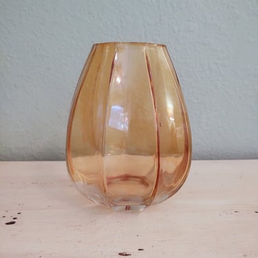 Vintage MCM Amber Glass Nine Sided Geometric 6" Tall Vase 