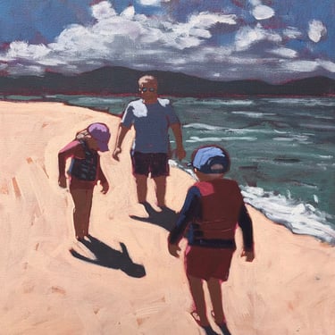 Beach #5 - Original Acrylic Painting on Canvas 12 x 16- michael van, ocean, figurative, fine art, modern, sand, shadow, kids, waves, sea 