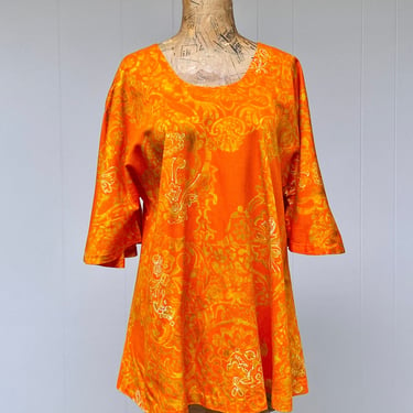Vintage 1960s Orange Crepe Hawaiian Trapeze Top, 60s Floral Block Print Tunic w/Bell Sleeves, by Otaheite Lahaina 