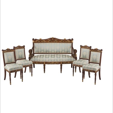 Russian Empire Period Neoclassical Salon Suite, Upholstered Settee and 4 Chair Set, 19th Century 