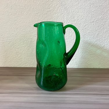Vintage Blenko #418 Green Crackle Pinch Pitcher, American Glass art 