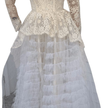 50s Wedding Gown Ivory Lace Peplum Bridal Dress Xs