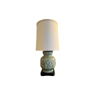 Large Vintage mid century modern chinoiserie Chinese bamboo ceramic table lamp Black Sea foam green 60s 