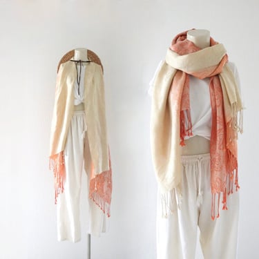 silk + cashmere pashmina scarf - vintage 90s y2k womens orange large fringe tassel fall cape scarves wrap shawl 