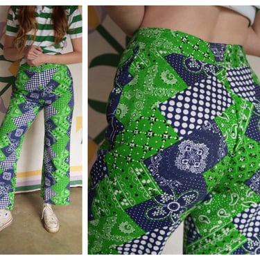 1960's Printed Pants / Bandana Print Summer Trousers / High Waisted Cotton Fitted Bell Bottom Pants / Navy Blue Kelly Green Resortwear 