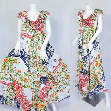 Empire Waist 1970's Denise L. White Floral Print Maxi Dress I Sz Sm 