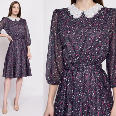 Medium 70s Floral Belted Midi Dress |.  Vintage 3|4 Sleeve Lace Collar Secretary Dress 