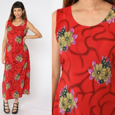 90s Floral Dress Red Flower Print Maxi Dress Boho Grunge SunDress Hippie Bohemian Vintage 1990s Sun Sleeveless Summer Small S 