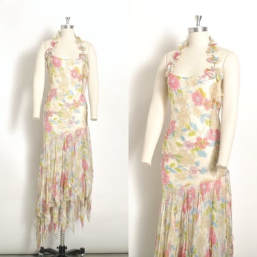 Vintage 2000s Dress / Y2K Diane Freis Asymmetrical Floral Silk Gown / Cream Pink ( medium M ) 