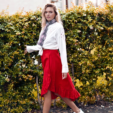 70s Apple Red Ruffles Skirt Vintage High Waisted Asymmetrical Skirt 