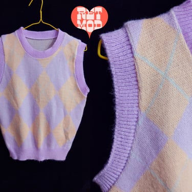 Girly Vintage 70s 80s Pastel Purple & Peach Orange Argyle Sweater Vest 