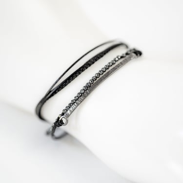 Oxidized Sterling Silver Thin Textured Bar and Hematite Bracelet