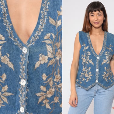 Floral Embroidered Vest 90s Blue Denim Button Up Vest Boho Tank Top Summer Shirt Flower Embroidery Hippie Sleeveless Vintage 1990s Medium M 