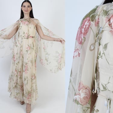 Romantic Chiffon Floral Dress With Belt, Matching Sheer Capelet, One Shoulder Vintage Separates 