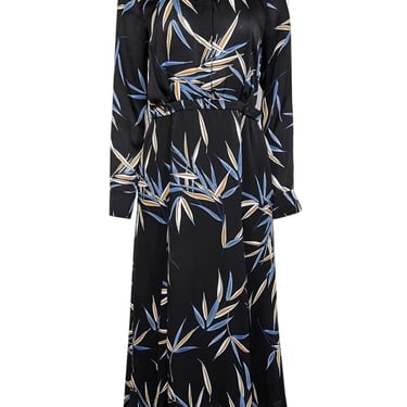 Equipment - Black w/ Blue & Tan Leaf Print Long Sleeve Dress Sz 6