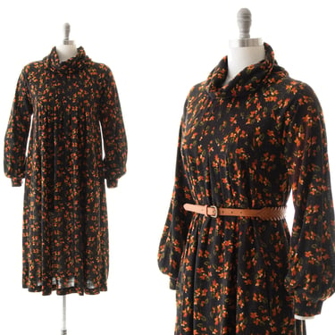 Vintage 1970s Trapeze Dress | 70s Floral Print Acrylic Jersey Knit Brown Turtleneck Long Sleeve A-Line Sweater Dress (x-small/small/medium) 