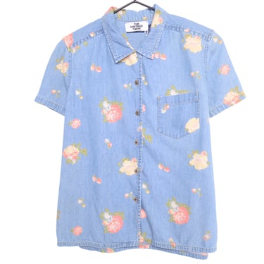 1990s Floral Denim Button Top