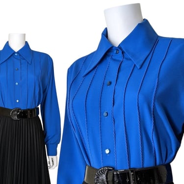 Blue Pintuck Blouse, Extra Large / Vintage 70s Dagger Collar Crepe Cocktail Blouse / Long Sleeve Jewel Tone Button Shirt 