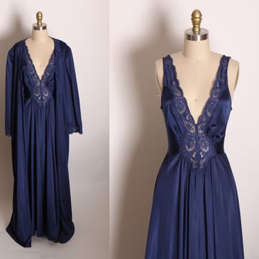 1980s Navy Blue Wide Strap Full Length Lace Detail Night Gown with Matching Full Length Lace Detail Robe Lingerie Peignoir Set by Olga 94280 