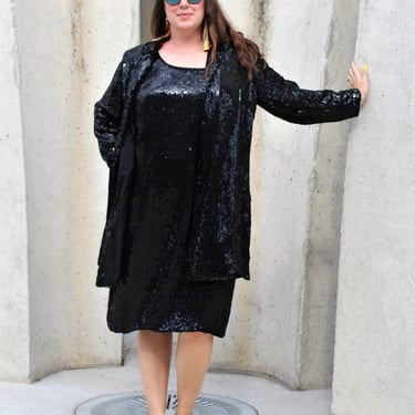 Vintage 1980s NWT Jewel Queen Black Sequin Dress & Jacket Set, Silk Suit, Semi Formal, B4 4X Women 