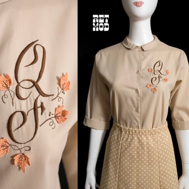 Sweet Vintage 50s 60s Beige Cotton Blouse with QF Monogram and 3D Leaves 