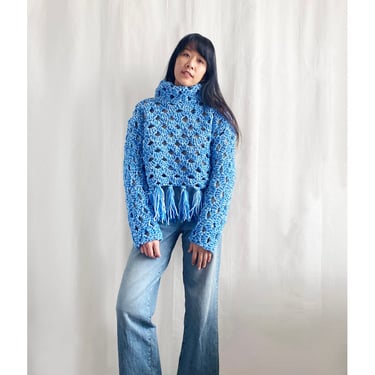 Crochet Oversized Mock Neck Sweater - vintage hand knitted chunky Afghan blanket blue tassels peekaboo women's unique one-of-a-kind 