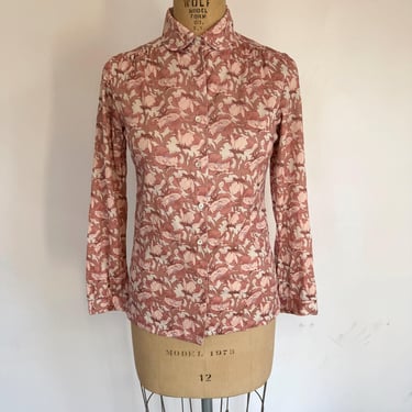 Long-Sleeved Art-Nouveau Floral Print Blouse - 1970s 