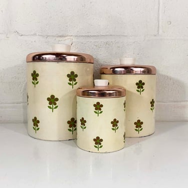 Vintage Kitchen Canister Set of 3 Green Copper White Floral Canisters Metal Jar Retro Flowers USA 1950s Ransburg Indianapolis Rose Gold 50s 
