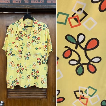 Vintage 1940’s Size XL Atomic Pattern Krazy Rayon Short Sleeve Hawaiian Shirt *as is* 40’s Loop Collar Shirt, Vintage Clothing 