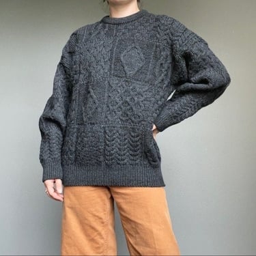 Vintage 80s Blarney Woolen Mills Irish Oversized Gray Chunky Knit Wool Fisherman Sweater Sz L 