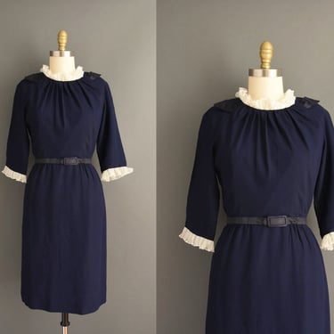 1950s dress | R&K Navy Blue Rayon White Ruffle Cocktail Party Dress | Large | 50s vintage dress 