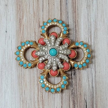 Vintage Graziano Faux Coral Turquoise and Rhinestone Brooch Signed 