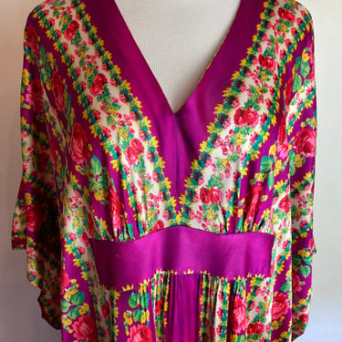 70’s boho floral print maxi dress kaftan dressing gown summer lounge wear colorful magenta / open size 