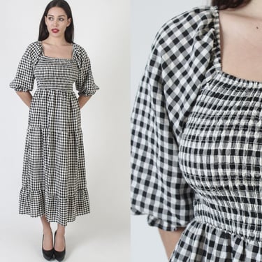 Gingham Checkered Smocked Maxi Dress, Tiny All Over Plaid Print, Stretchy Elastic Bust, 70s Prairie Puff Sleeves 