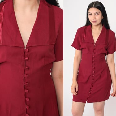 90s Burgundy Mini Dress Satin Trim Rayon Blend V Neck Button Up Dress Mini Short Sleeve Wide Pointed Collar Vintage Shift 1990s Small 5/6 