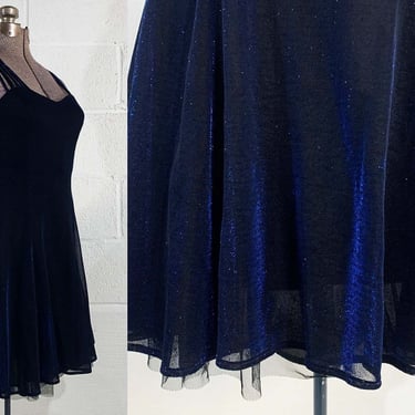 Vintage Blue Glittery Mini Dress Strappy Sleeveless Glitter All that Jazz Formal Sheer Prom New Year's Eve Party Cocktail Small 1990s 