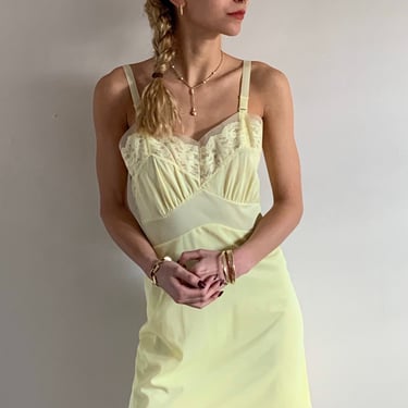 60s empire full slip dress / vintage lemon yellow sorbet nylon chiffon overlay pleated babydoll slip lounge dress | Small 