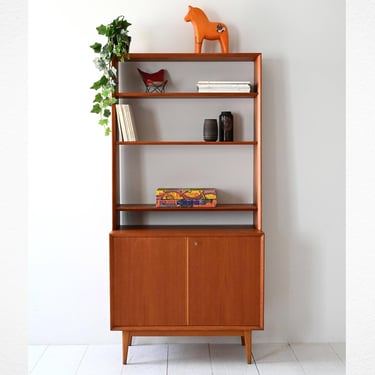 Vintage Scandinavian Teak Bookcase with Cabinet and Open Shelves, Short Angled Legs, 1960s 