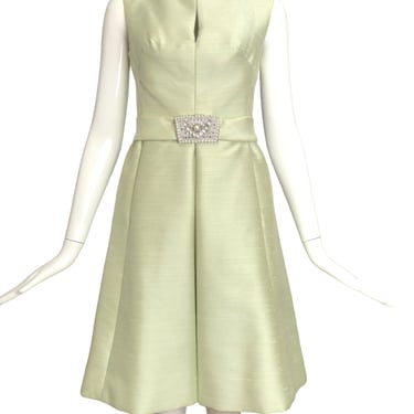 1960s Lime Green Damask Dress, Size 6