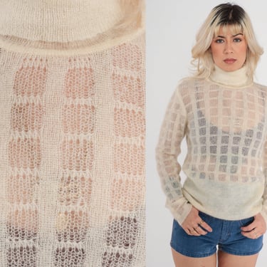 Sheer Cream Sweater Y2k Knit Turtleneck Sweater Mohair Pullover Jumper Lattice Checkered Boho Vintage 00s Small S 