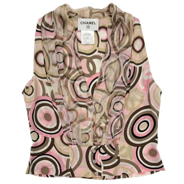 Chanel Silk Pink + Brown Circle Print Tank