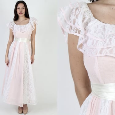 Pink Polka Swiss Dot Dress / Vintage 70s Romantic Country Saloon Dress / Full Skirt Plantation Style / Colonial Western Gown Maxi 