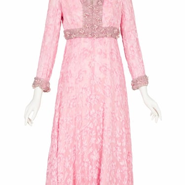 Cassar Haute Couture 1960s Vintage Embellished Pink Floral Silk Devoré Evening Gown Sz XS S 