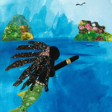 Swimming to Flower Island Mermaid Collage African American art Small Originals 