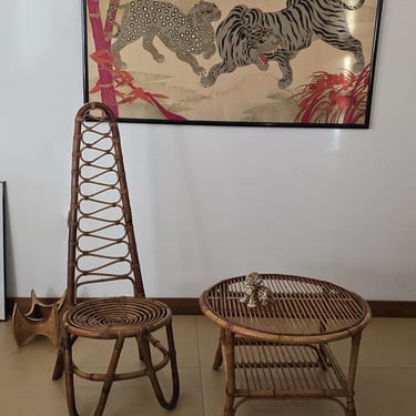 Mid century Attribution Bonacina Rattan and bamboo high-back chair / Italy, 1960s / 