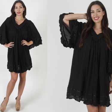Black Cotton Gauze Micro Mini Dress / Mexican Crochet Kimono Angel Sleeves / Womens Vacation Cover Up 