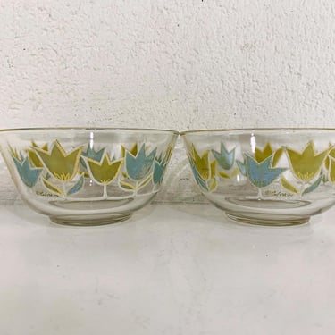 Vintage Culver Bowl Set of 2 Gold Tulips Blue Green 1950s Glass Snack Bowls Serving Mad Men Floral Snack Serving Dishes 